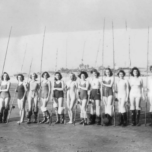 Oceanside Historical Society - 1938 Fishing Derby, Norma Ellis, Dee, Eleanor, Bobby, Ruth, Babe, Mary, Maxine, Doris, Norma, Dot, Barb, Jeri, Dot, Marie Frazee B & W_resize