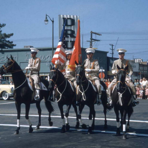 Oceanside Historical Society - 1950-05 Mounted color guard in parade 1950s_resize