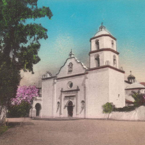 Oceanside Historical Society - San Luis Rey Mission, Albertype Co, pastel, 1944_resize